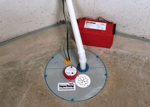 A sump pump system with a battery backup system installed in Etna